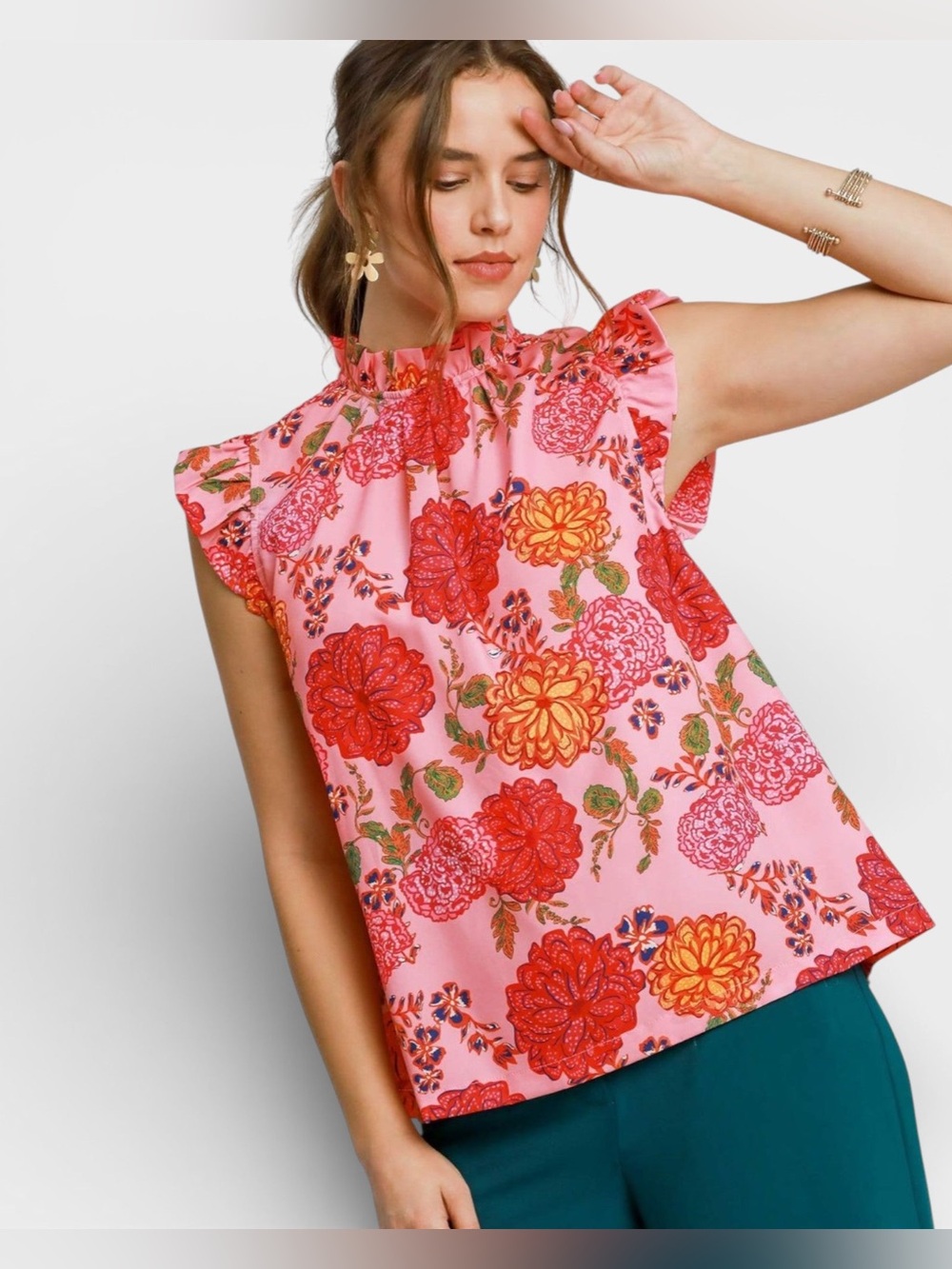 Umgee Pink & Red Floral Ruffle Blouse